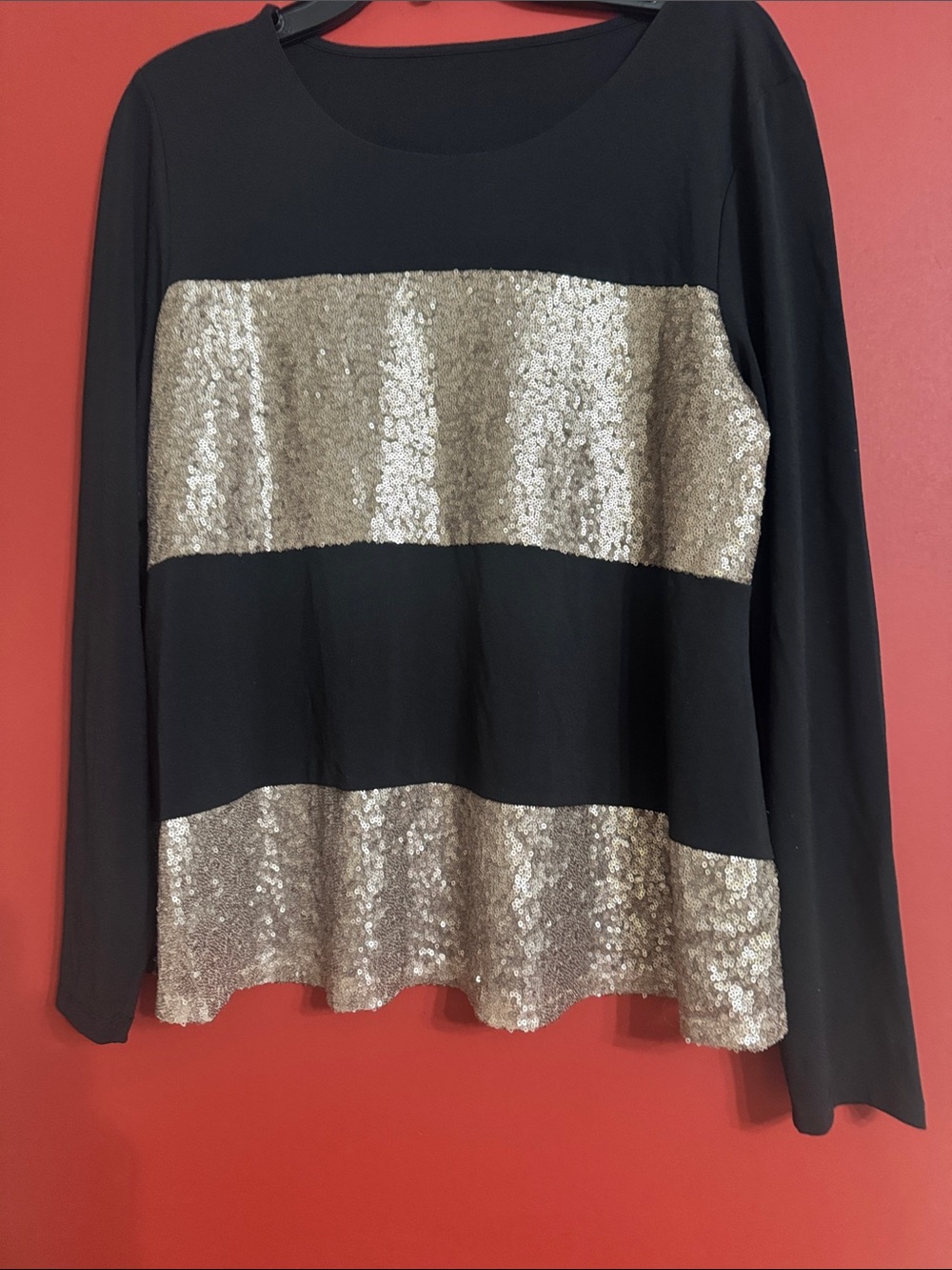 Black Long-Sleeve Top with Gold Sequin Stripes